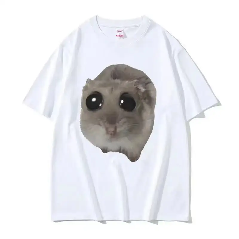 Divertente criceto triste Meme Cry BiG Eye Cute Mouse T Shirt uomo donna moda Kawaii vestiti T-Shirt 100% cotone alta qualità 01336