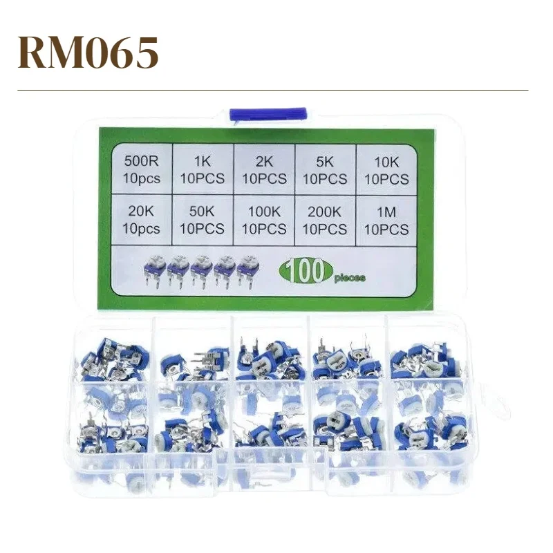 

Набор из 100 шт. горизонтальных триммерных потенциометров RM065 с углеродной пленкой, 10 различных значений, переменные резисторы 500R, 1K, 2K, 5K, 10K, 1M