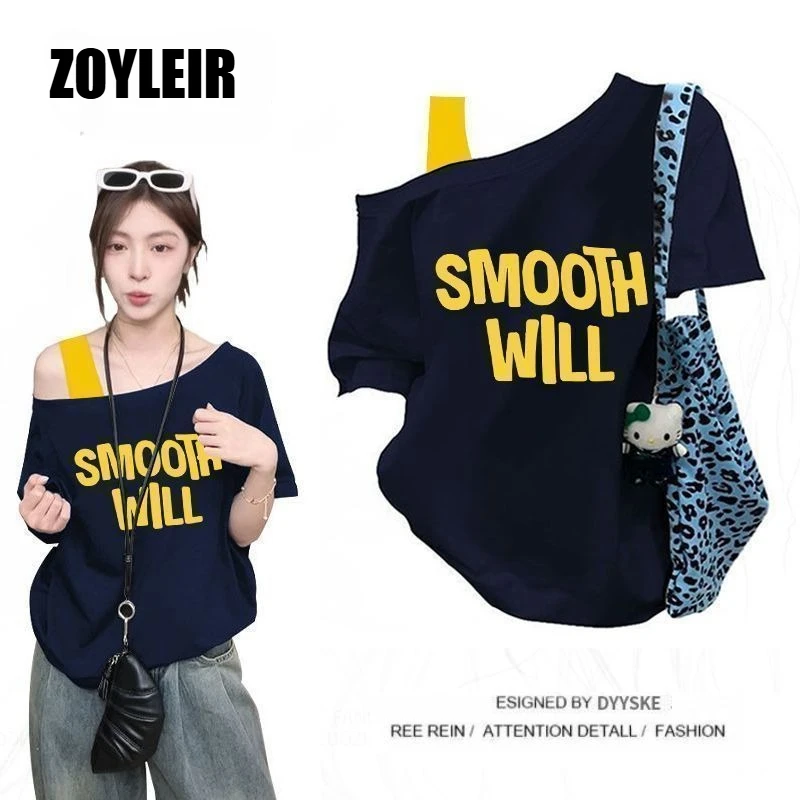 Elegant Summer One Shoulder T Shirt Women Fake Two-piece Oversize Graphic T Shirts Short Sleeve Off Shoulder Top Sport Casual image 2
