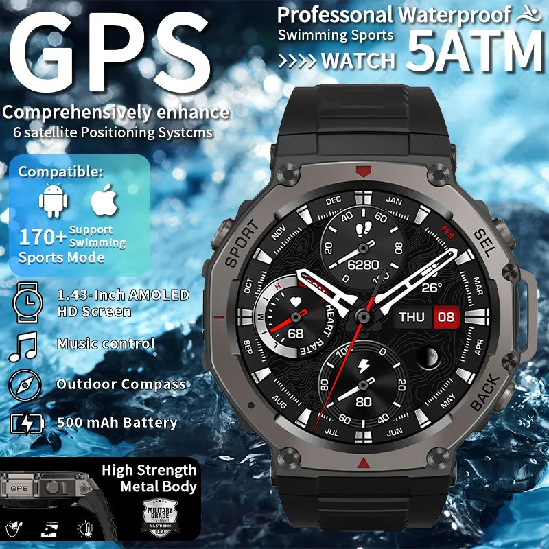 

2025 New T-Rex 3 Ultra GPS Smart Watch AMOLED Display 5ATM Waterproof Built-in Dual-band GNSS Compass Military Sport Smartwatch