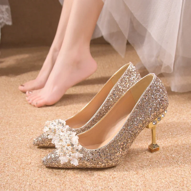 Wedding Shoes Golden Women 2024 New Bride Shoes French Bride High Heels Don\'t Tire Your Feet