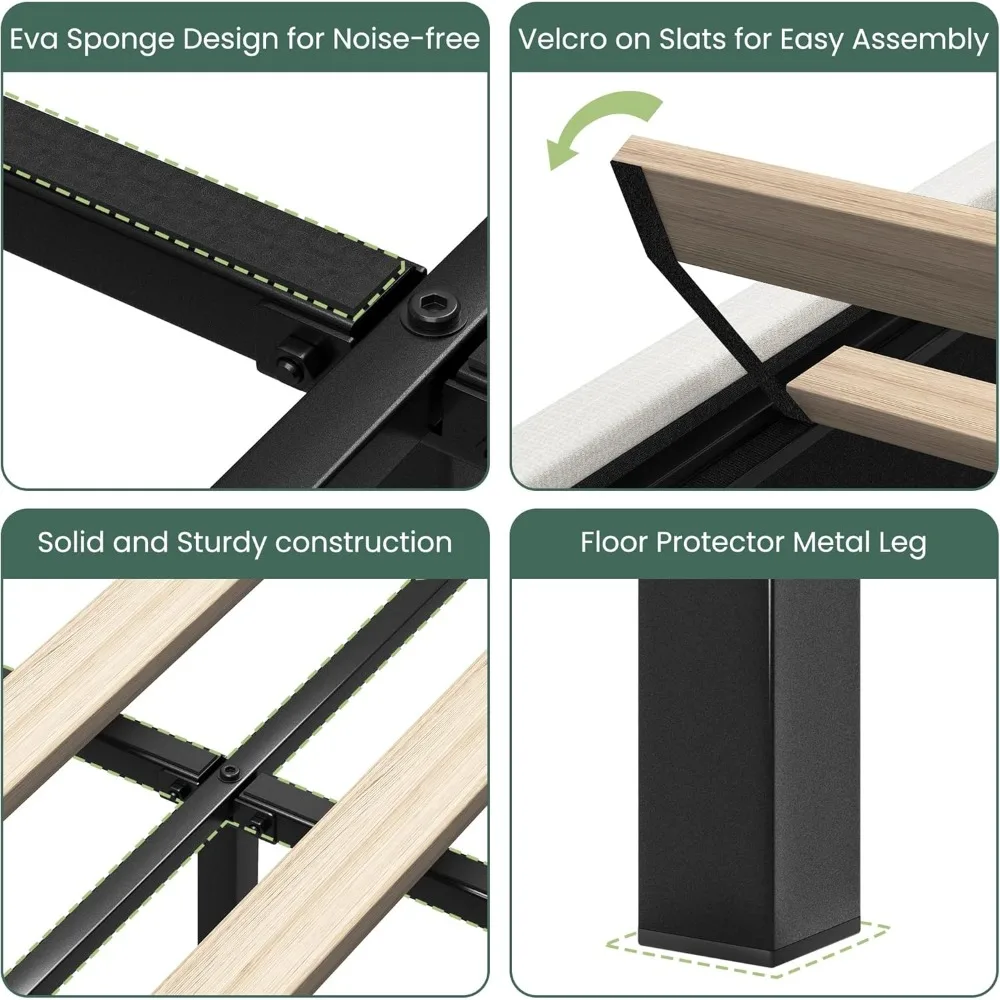 Estructura de cama tamaño King, con 4 cajones de almacenamiento y cabecera de cama con respaldo de ala y listones de madera, estructura de cama con plataforma tapizada