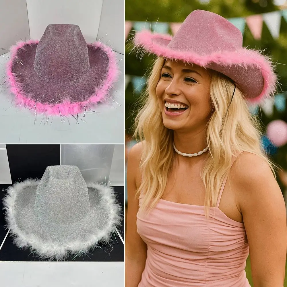 

Sun Protection Western Style Cowboy Bucket Hat Plush Brim Pink Silver Panama Hat Mountaineering Caps Outdoor