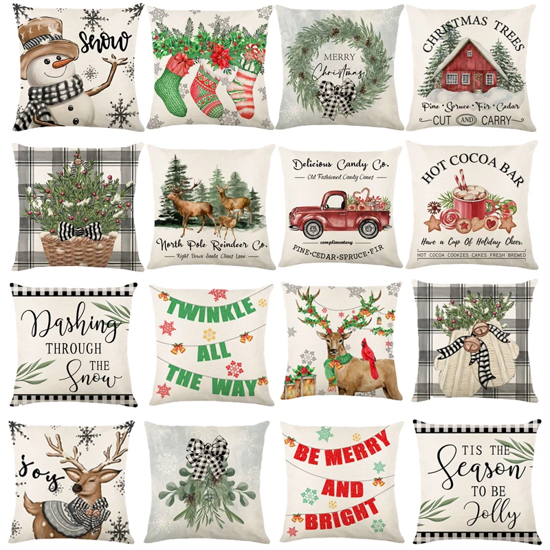 Linen Merry Christmas Pillow Cover 45x45cm Throw Pillowcase Winter Christmas Decorations for Home Tree Deer Sofa Cushion Cover