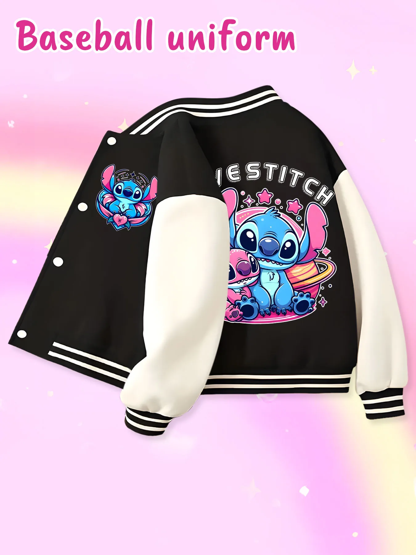Disney fashion trend baseball jacket, suitable for daily sports and casual wear, printed with cute Stitch pattern, nice gift.