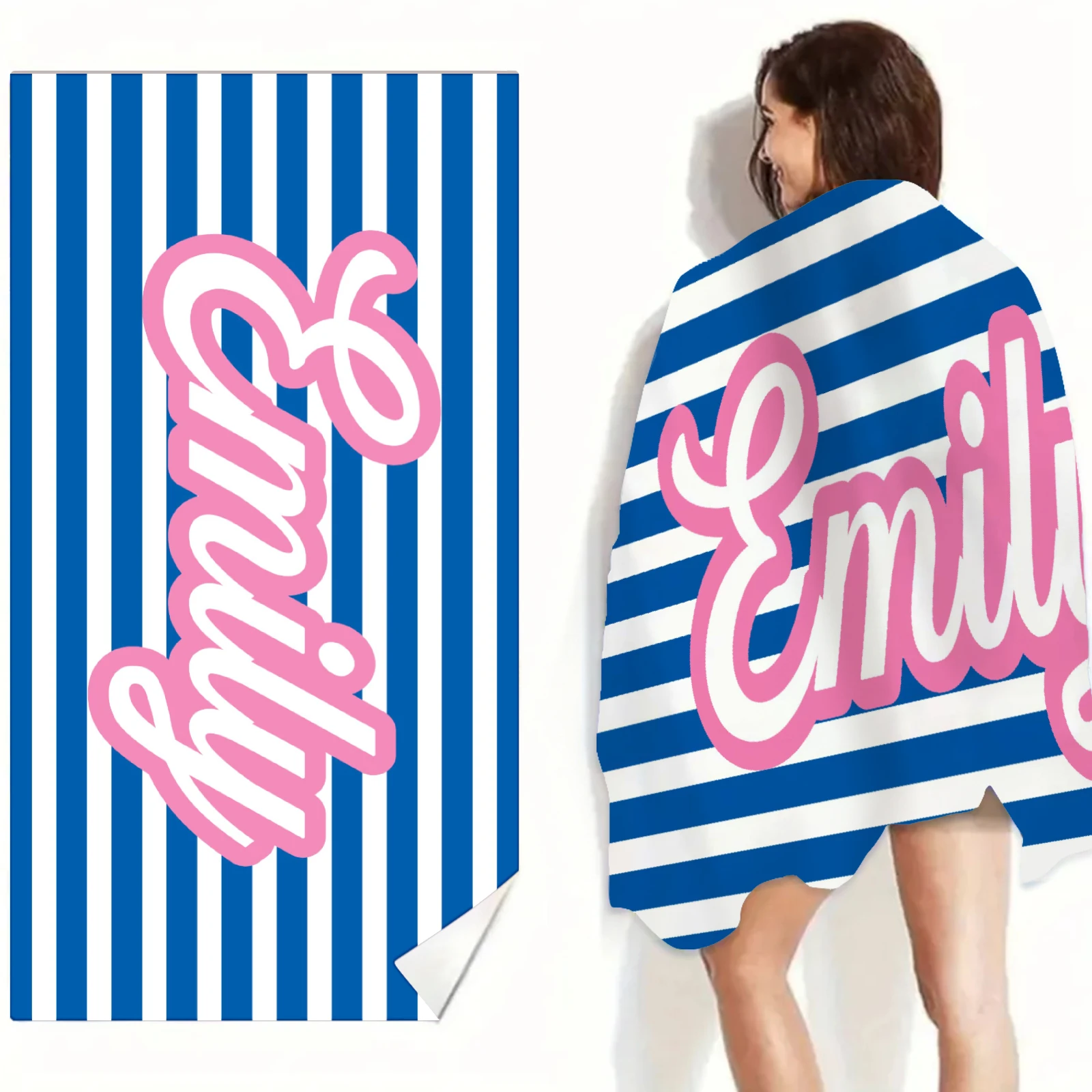 Personalized Name Beach Towel Navy Blue Stripes For Women Men And Kids Quick Drying All Sizes Custom Name Personalized Gifts
