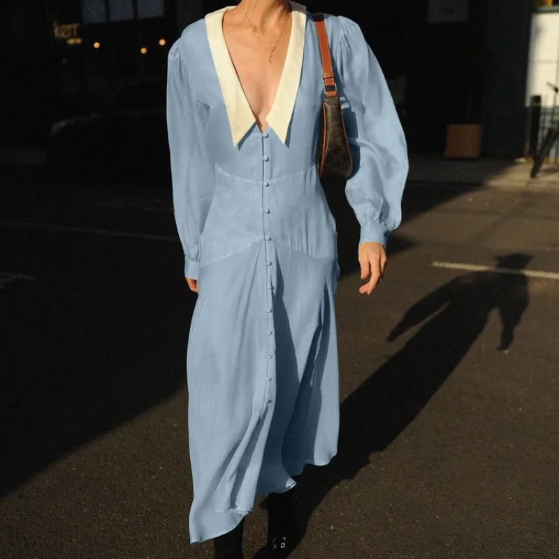 

2025 Fashion New Lapel Long Sleeve French Dress Women's Summer 2025 New Waist Cinched High-quality Cardigan Long Skirt