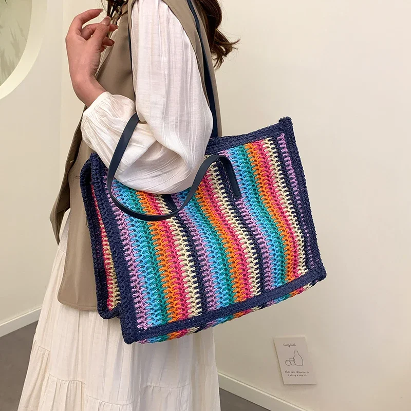 2025 Новая соломенная пляжная сумка большой вместимости, большая вместительная летняя сумка на плечо для женщин, дизайнерская полосатая сумка, дорожные сумки