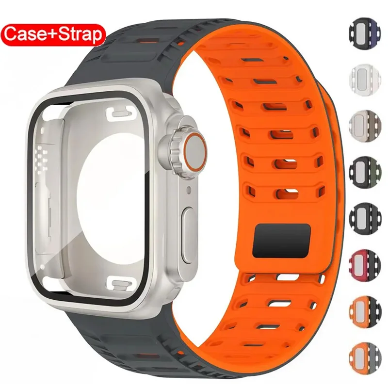 Wasserdichte Vollschutzhülle + magnetisches Silikon-Sportarmband für Apple Watch 46 mm, 44 mm, 45 mm, Armband für iWatch Serie 11, 10, 9, 8, 7, 654SE
