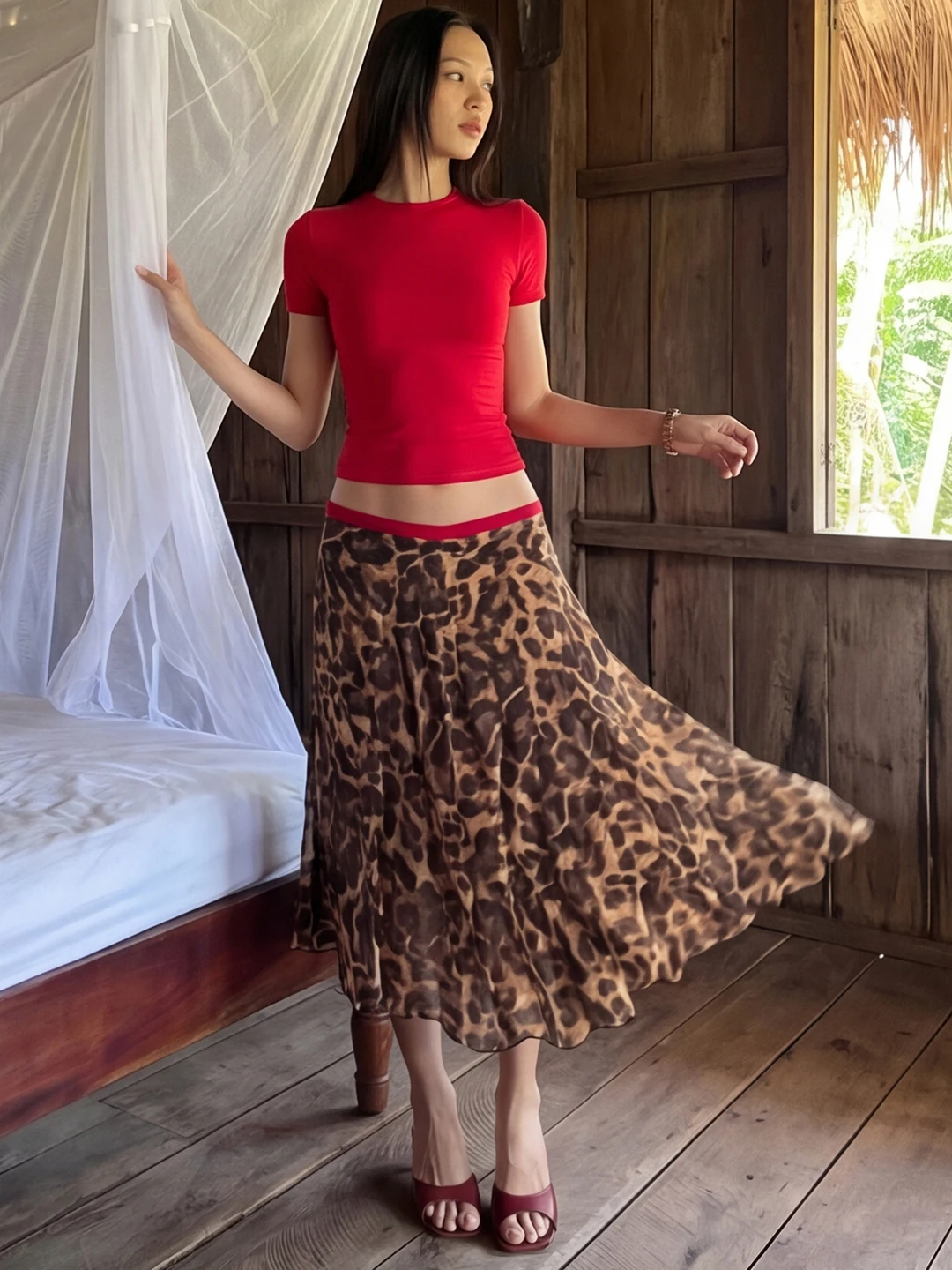 Sisjuly Cambodian Fashion Half Skirt with Leopard Print And Asymmetrical Design Women's Versatile Skirt Breathable Skin-frien...