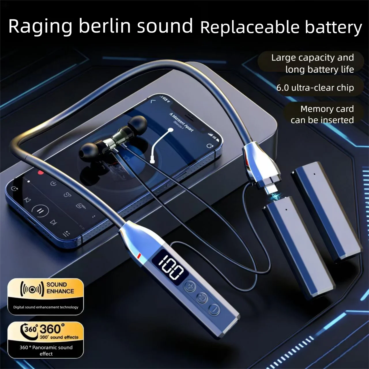 

Neckband Bluetooth6.0 Replaceable Battery Headphones Magnetic Adsorption TF Card Supported Earphones Long Battery Life Earbuds