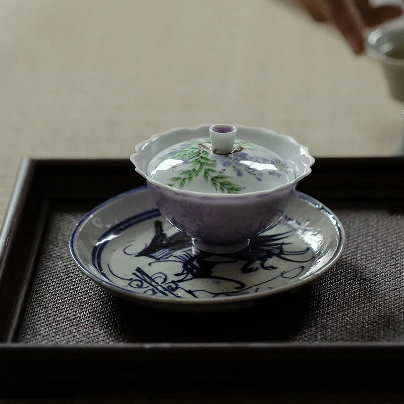 Hibiscus Purple Hand Painted Gaiwan Underglaze Pastel Wisteria Flower Tea Brewing Bowl Handmade Flowers Set