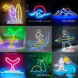 Sea Lighthouse LED Neon Sign Custom Surf Beach Sand Beach Palms Sun Mountain Neon Signs Decor Kids Room Party Ocean Theme Gift