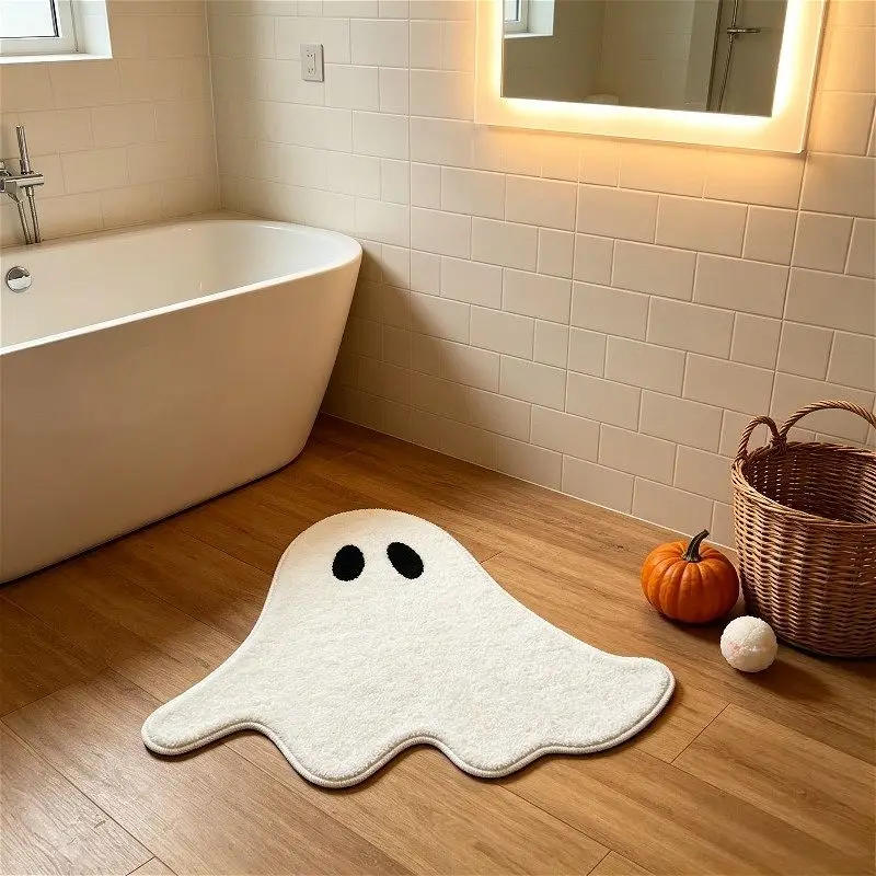 VIKAMA Simple Ghost Shaped Non‑Slip Doormat Halloween Plain White Ghost Soft Floor Mat Indoor Entrance Home Decor
