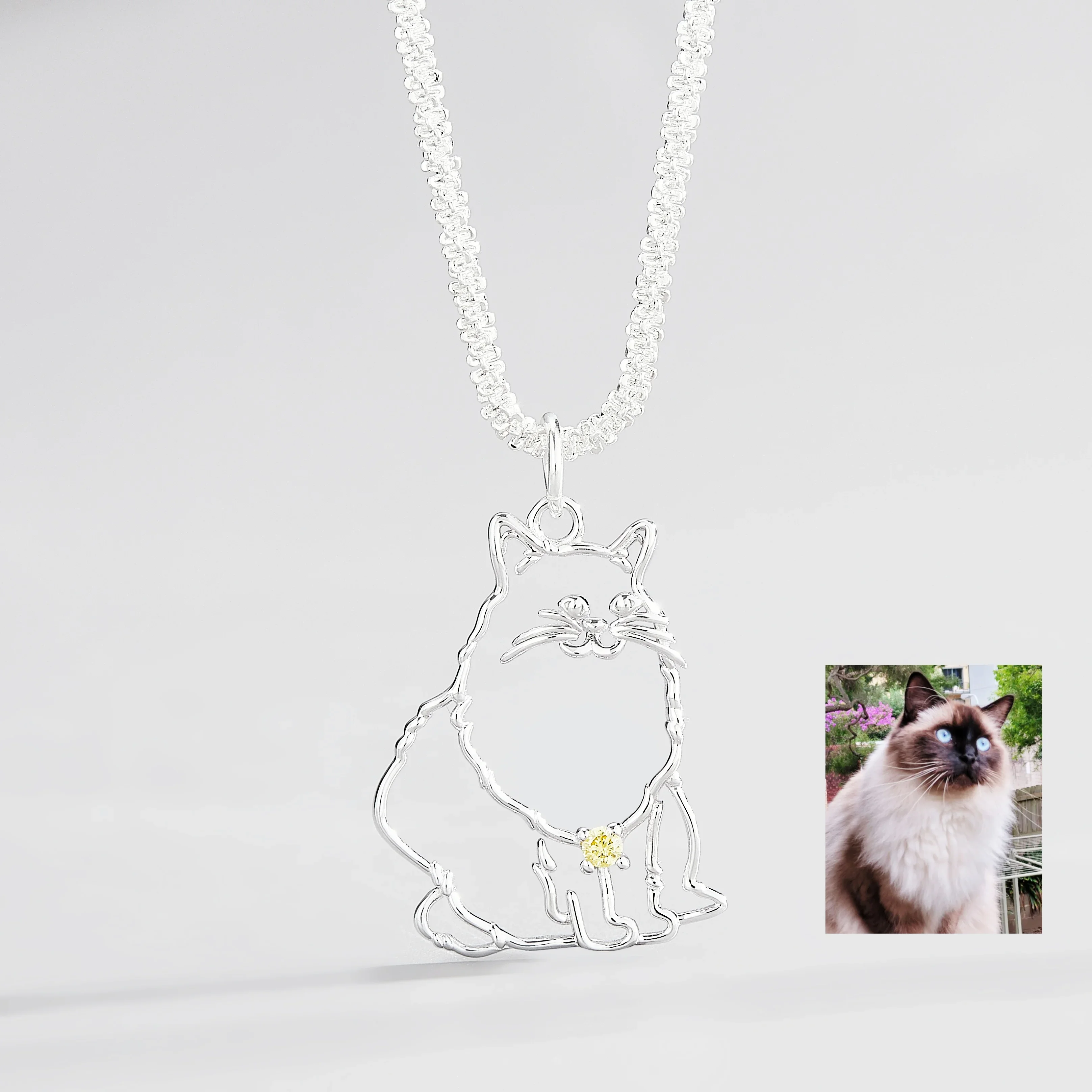 Custom 3D Drawing Sterling Silver Charming Animal Necklaces 925 Silver Cat Charm Pendant Necklace with Birthstone