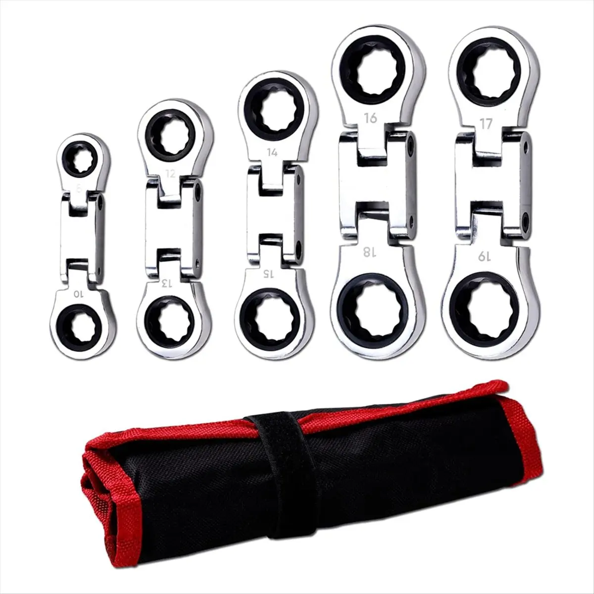 A72P 5-Piece Stubby Flex-Head Ratcheting Wrench Set Metric Combination SAE 72-Teeth, , Plating with Rolling Pouch