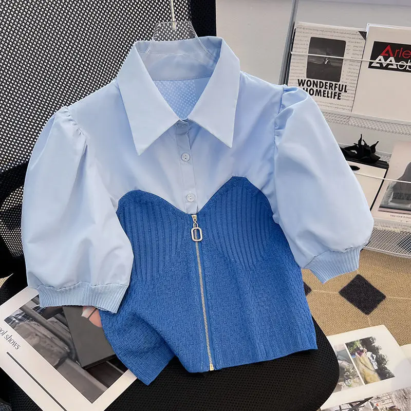 Camisa de punto para mujer, cuello de POLO de costura dulce francesa, solapa única y elegante, manga corta, dos camisas falsas, verano, nuevo