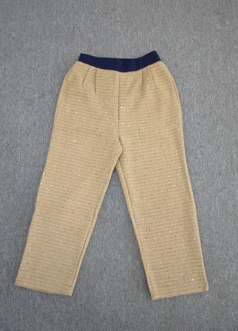 Imagem -06 - Calças Caqui de Cintura Alta de Perna Larga Feminina Elegante Calça de Tweed de Lantejoulas Casual Reta Estilo de Fragrância Pequena