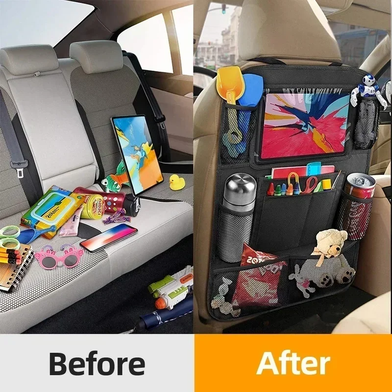 Car Back Seat Storage Bag with 2024 New Touch Screen Tablet Holder Automatic Cover Protector Childrens Travel Storage Bag