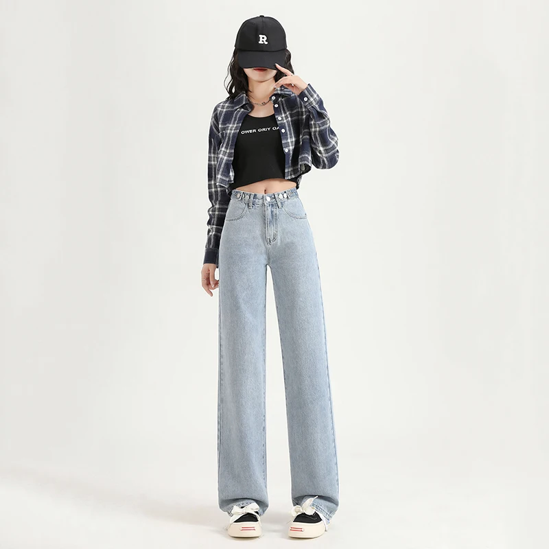 Womens Straight  Jeans Adjust Elastic High Waist Vintage Denim Pants Leisure Streetwear Style Fashion Loose Wide Leg Trousers