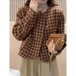 French Round Neck Short Style Spring Autumn Small Fragrance Women's Coat Temperament New 2024 Loose Long Sleeved Top Versatile