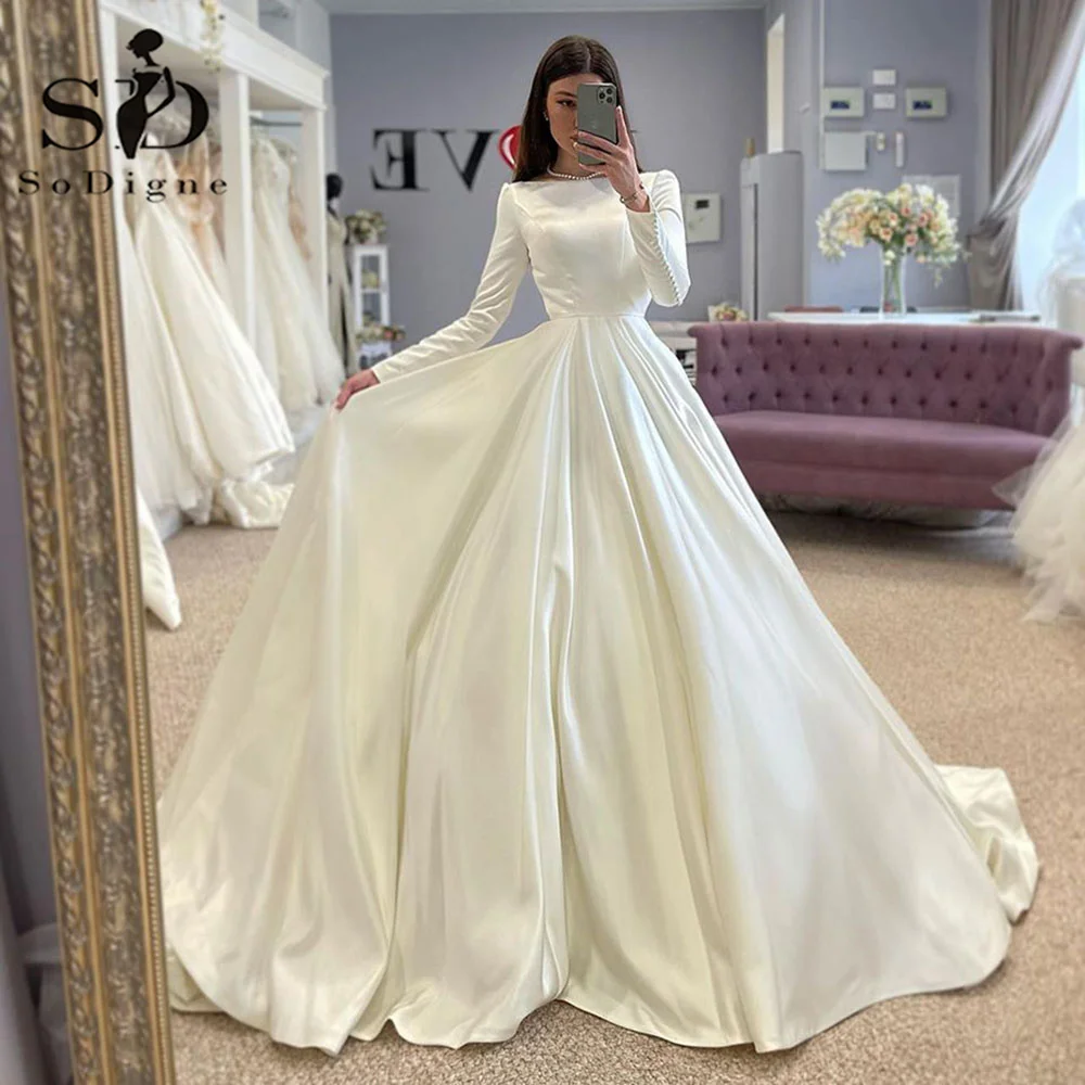 SoDigne Conservative Wedding dress Satin Wedding Dresses Full Sleeve Muslim Bridal Gown Modest Long Wedding Gown Customized