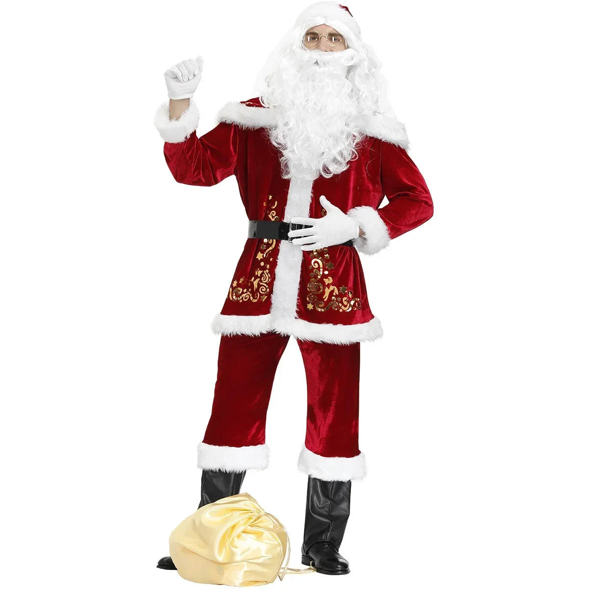 Red Deluxe Santa Claus Costume 8pcs Set New Year Xmas Party Man Christmas Costumes Cosplay for Adult