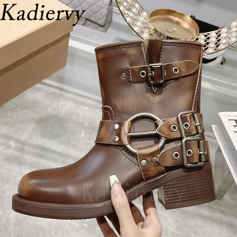 Suede Leather Short Boots Woman Rivets Metal Belt Buckle Punk Shoes Women Round Toe Motorcycle Boots Women Botas Mujer