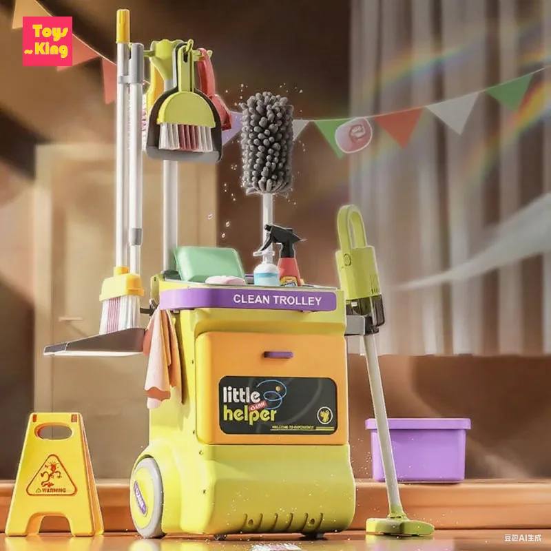 مجموعة أدوات ممسحة التنظيف المحاكاة لعبة عربة التنظيف القابلة للفصل مع فراغ التظاهر اللعب مكنسة المنزل زجاجة رذاذ لعبة تعليمية #1