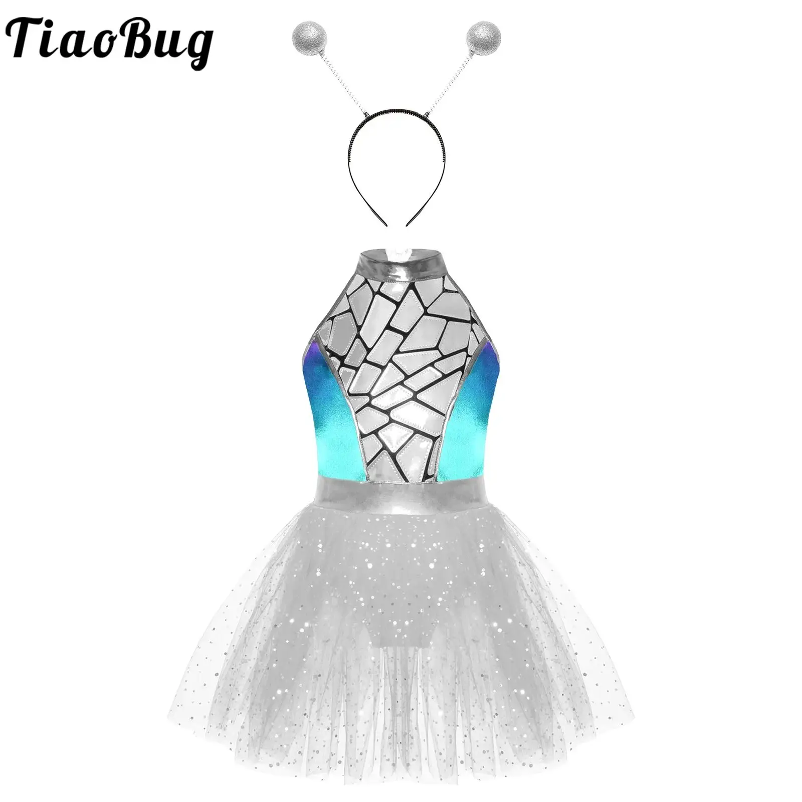 

Shiny Girls Alien Outerspace Halloween Cosplay Costume Sleeveless Tutu Dance Dress with Alien Hair Hoop for Future World Party