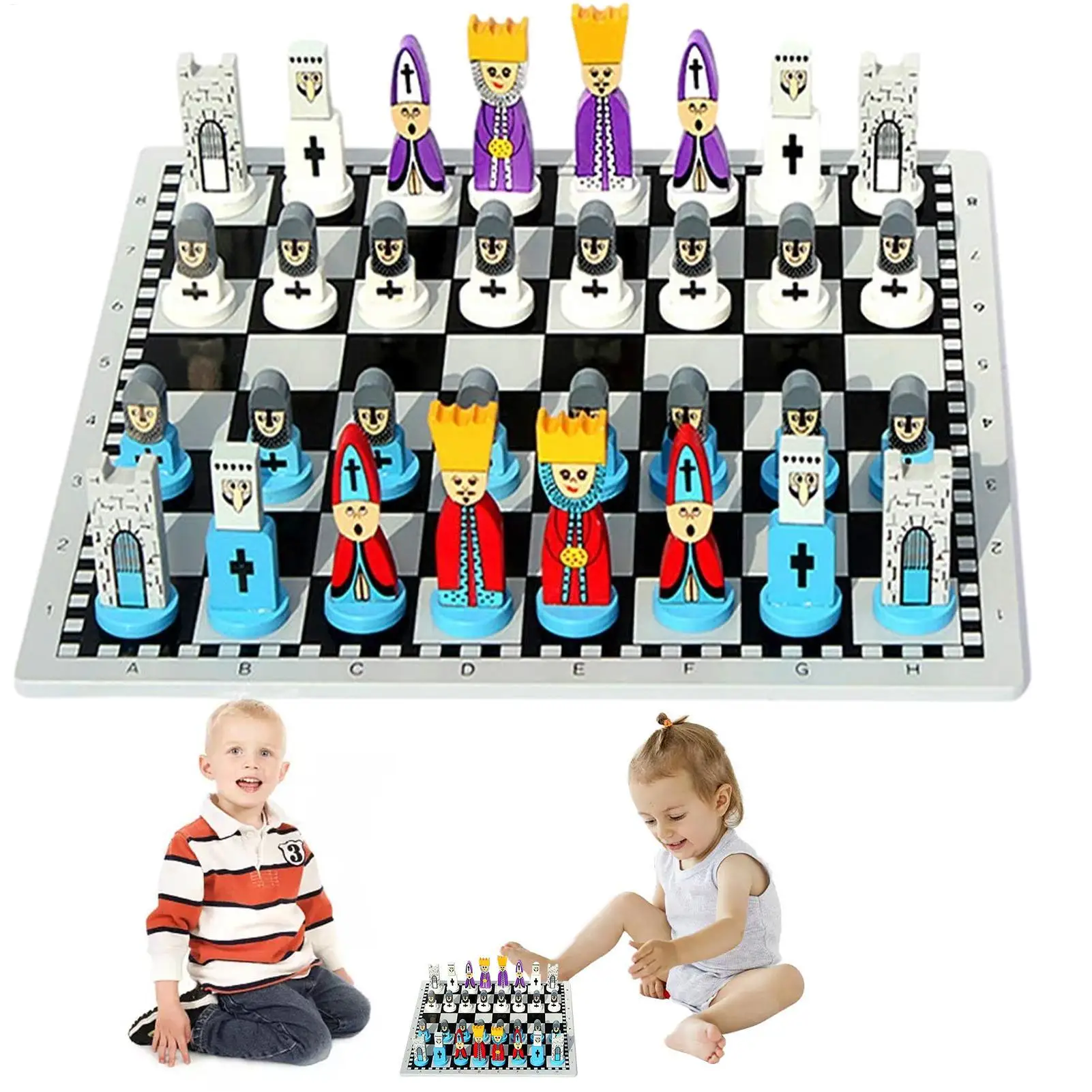 

Portable Wooden Chess Set with Cartoon Pieces, Travel Friendly Board Game Fun Educational Toy for Family Trips & Home Play