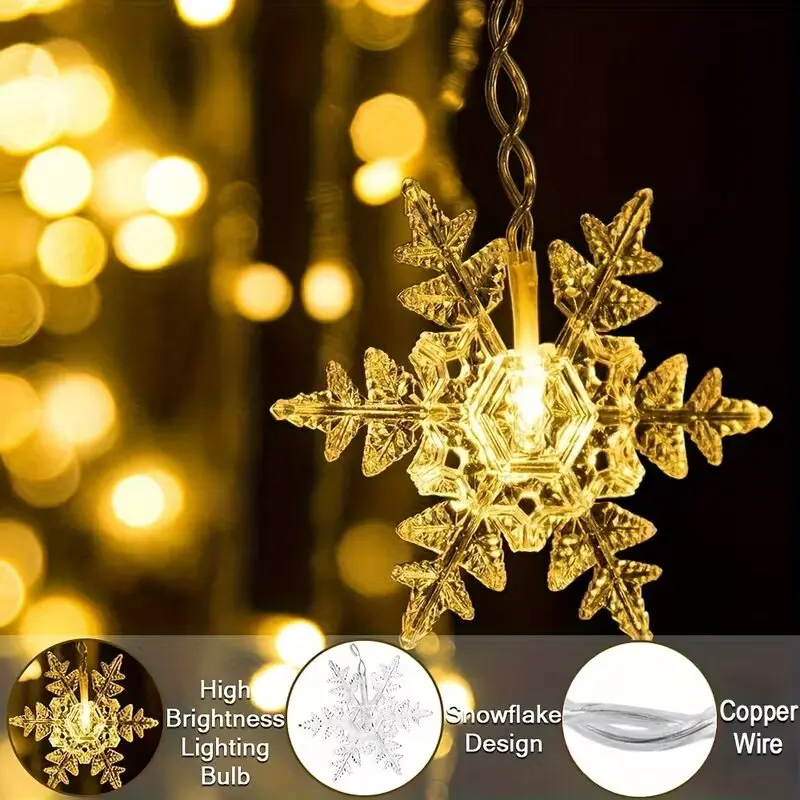 Christmas Window Curtain Lights 100LEDs Snowflake String Lights USB Battery Powered Xmas Decoration Indoor Holiday Decor