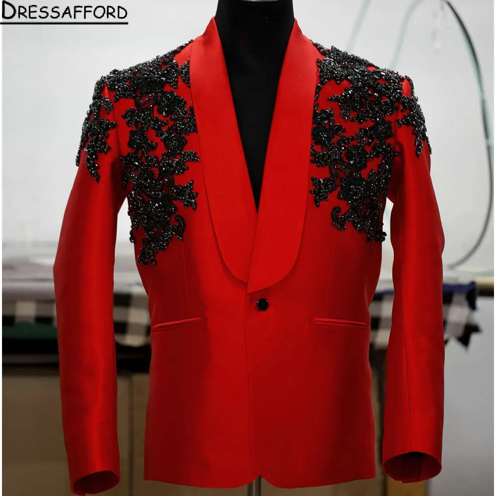 

Red Men Suits 2 Piece Fashion Black Appliques Beading Business Casual Wear Party Wedding Groom Tuxedo Jacket And Pants