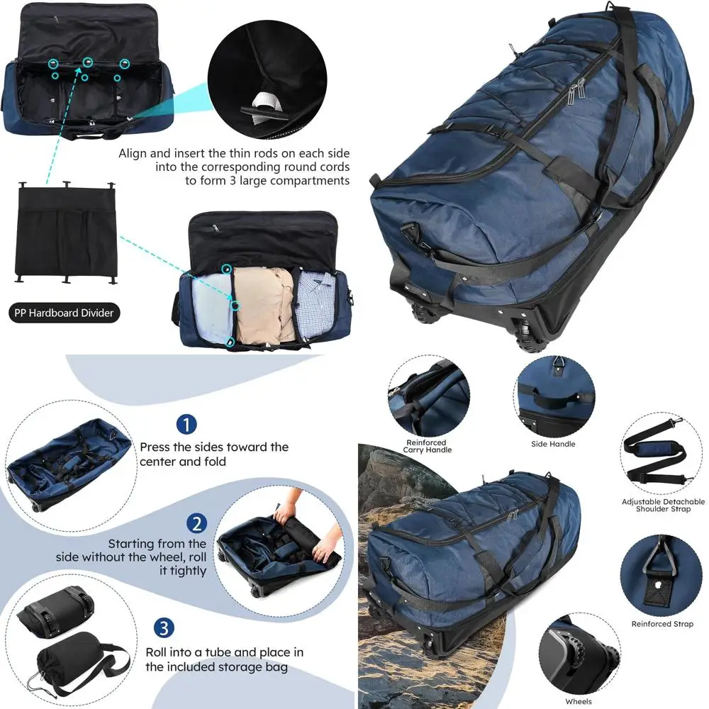 

Expandable 110-140L 32 Rolling Duffle Bag with 2 Wheels, 3 Compartments, Adjustable Strap, Organizer Pouch, Navy Blue