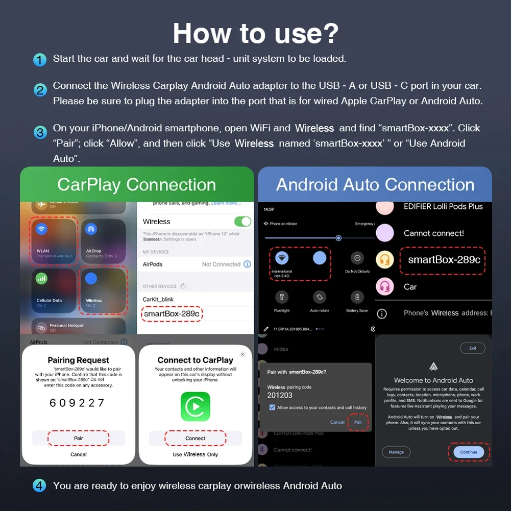 2 في 1 محول Carplay Android Auto اللاسلكي إلى محول carplay اللاسلكي لهاتف iPhone اللاسلكي للتحكم في التوصيل والتشغيل Carplay