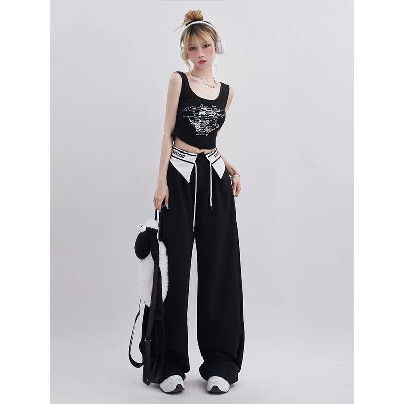 Women\'s pants Patchwork Wide Leg Pants Women Black Contrast Casual High Waist Pants Spring Summer 2023 y2k Trouser Office Ladies