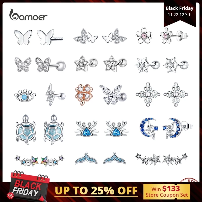 Bamoer 100% 925 Sterling Silver Girl Earrings Small Butterfly Animal Ear Piercings  Hypoallergenic for Women Party Fine Jewelry