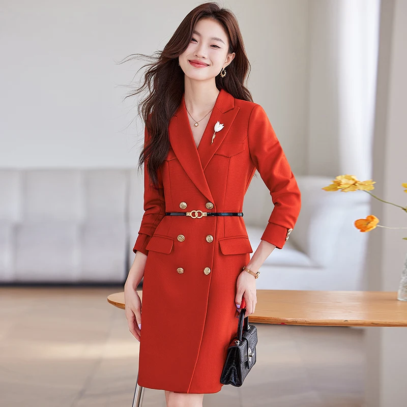 

High quality Long Sleeve Double Breasted Blazer Dress 2024 Fall Elegant Office Lady Career Commuter Dress Solid Color Dress Belt