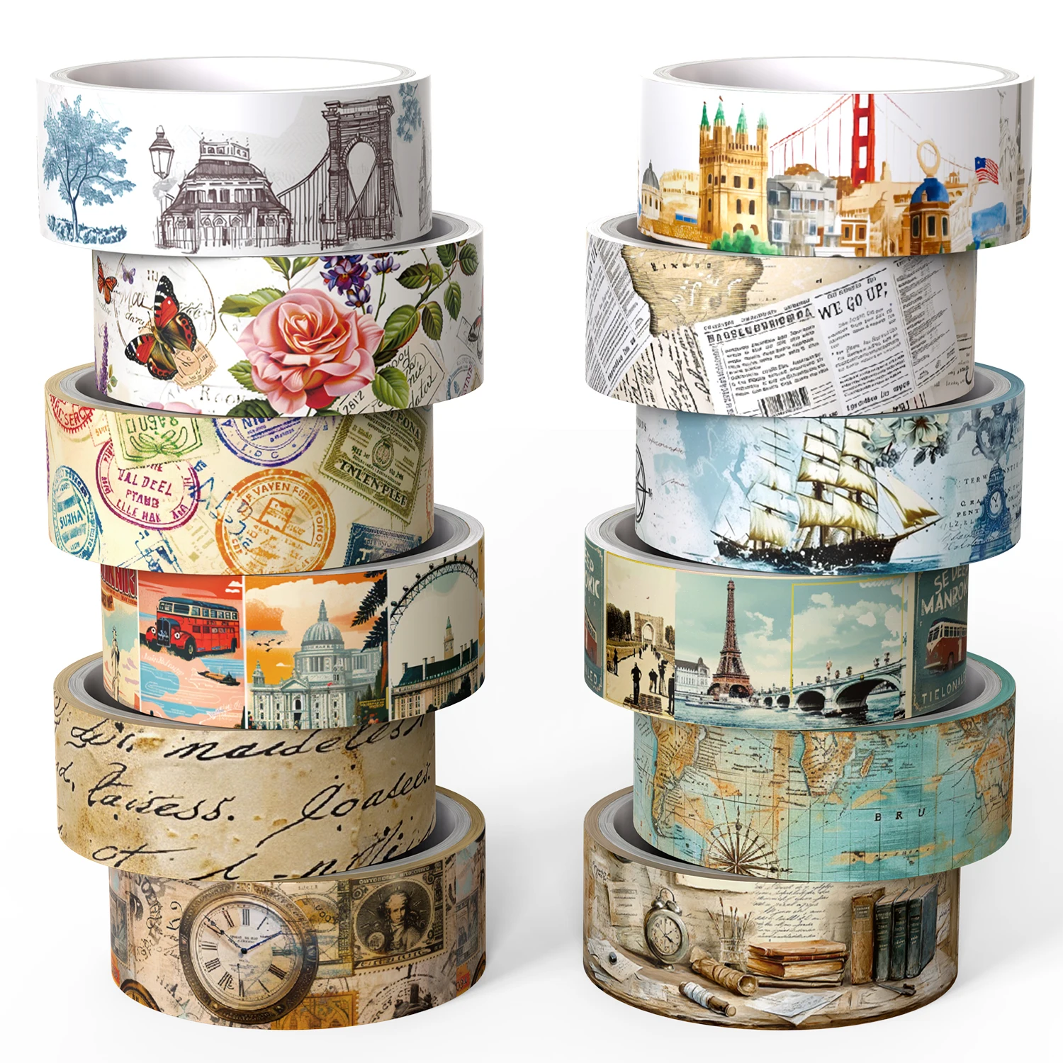 Vintage Washi Tape Set,12 Rolls Holiday Travel Aesthetic Decorative Tape Retro Poster Map Stamp Clocks Architecture Masking