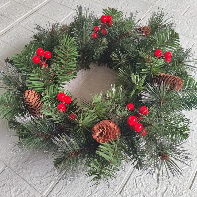 Christmas Wreath With Lights Pine Cone Red Berry Cluster Front Door Decorations Winter Wreaths 40Cm/15.7Inch Farmhouse Rustic