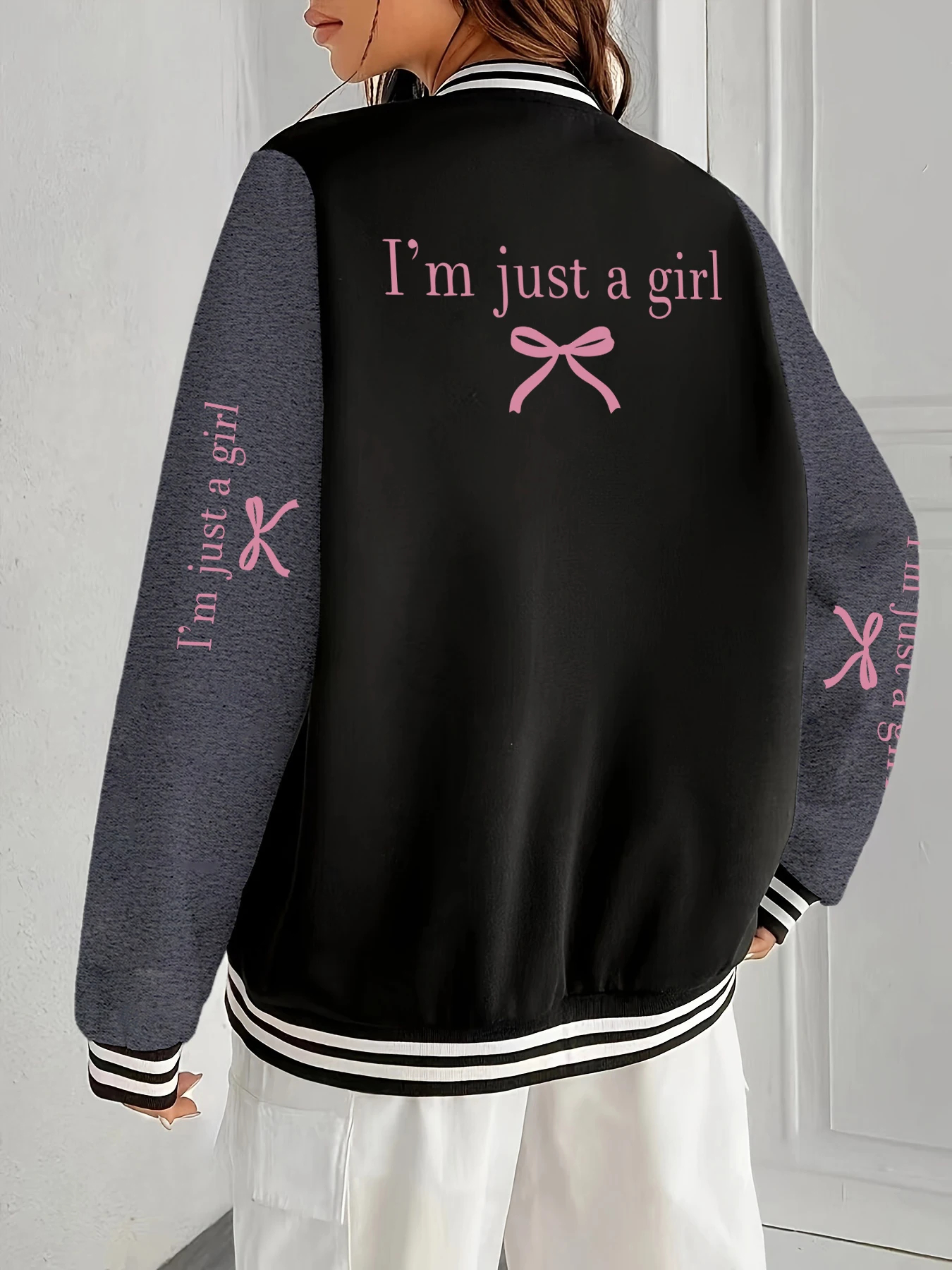 

I'm Just A Girl Pink Bow Printed Unisex Jacket Hip Hop Loose Baseball Jersey Warm Sport Jackets Basic Vintage Sportswear Woman