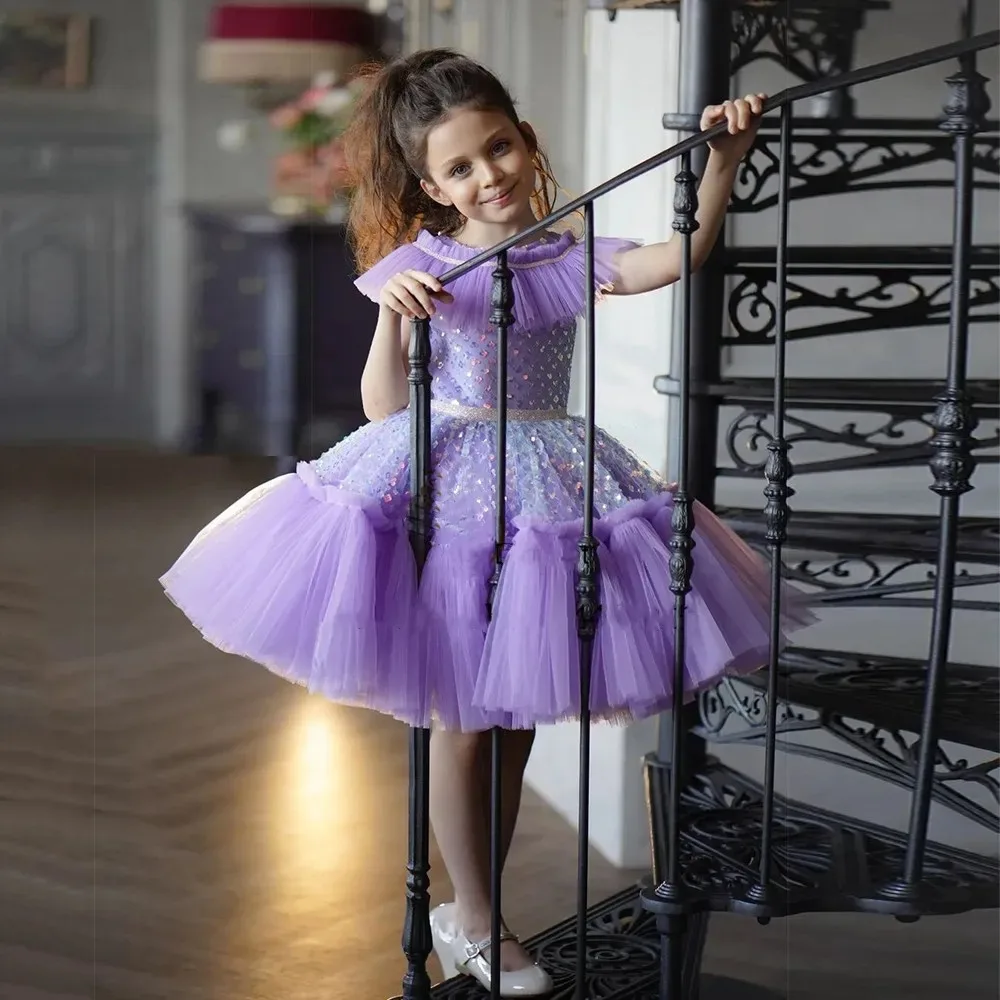 

Customized Purple Flower Girl Dresses Pageant Gown for Wedding Bow Sequins Knee Length Birthday Party First Communion Gowns