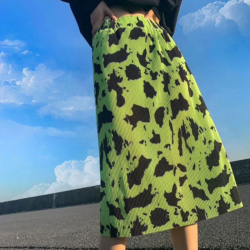 Faldas acampanadas con estampado de leopardo para mujer, ropa plisada elegante coreana, faldas Midi de cintura alta rectas elásticas informales, primavera y verano