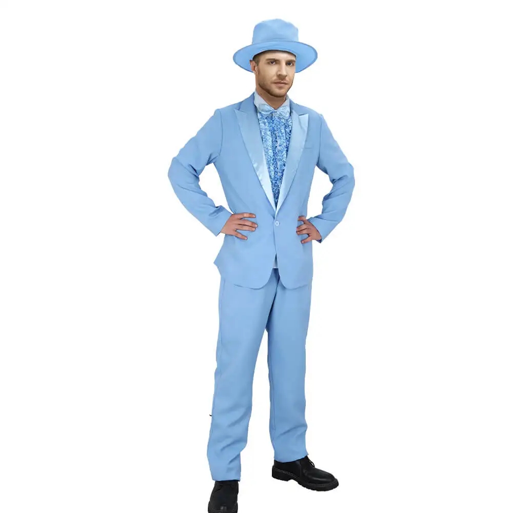 

Harry Dunne Cosplay Costume Dumb and Dumber Blue Tuxedo Suit with Hat Men's Movie Halloween Theme Party Uniform Takerlama