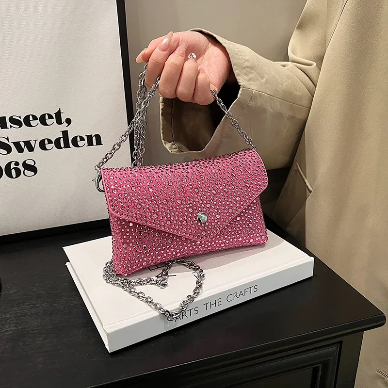Shiny Evening Cluth Bag Ladies Fashion Mini Crossbody Phone Purse  Women Rivet Suede Shoulder Bag Chain Handbag Clutch Bag