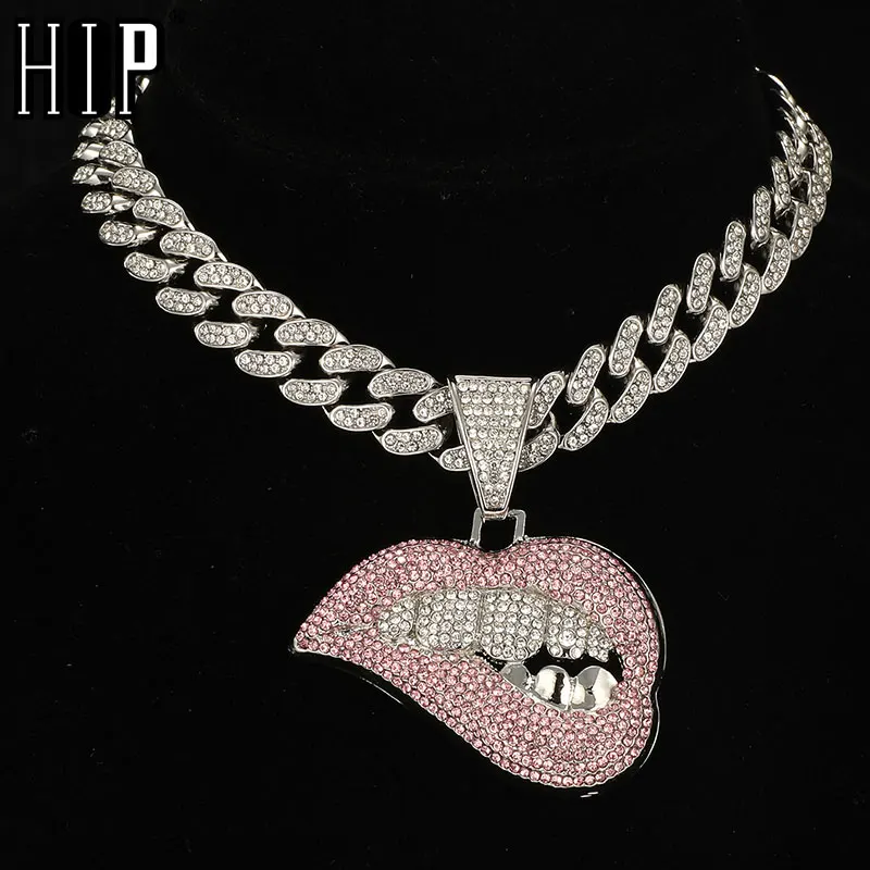 HIP HOP AAA+ Rhinestone Iced Out Sexy Biting Lips Pendant With Cuban Link Chain Tennis Chain Necklaces For Men's Women Jewelry