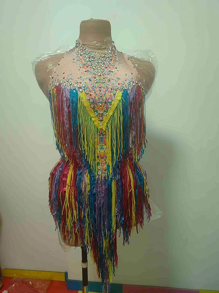 

Женские сценические костюмы, боди со стразами, красочная бахрома, сексуальная одежда, одежда для выступлений певицы, одежда для вечеринок, рейв, yj167