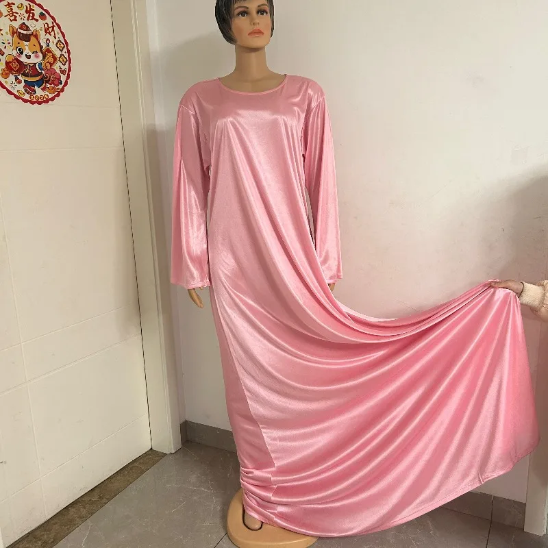 Bata de dormir rosa de 1.2-2m, brillante, sexy, para hombre y mujer, de satén, suave y sedoso al tacto, vestido largo de manga larga, holgado, talla grande.