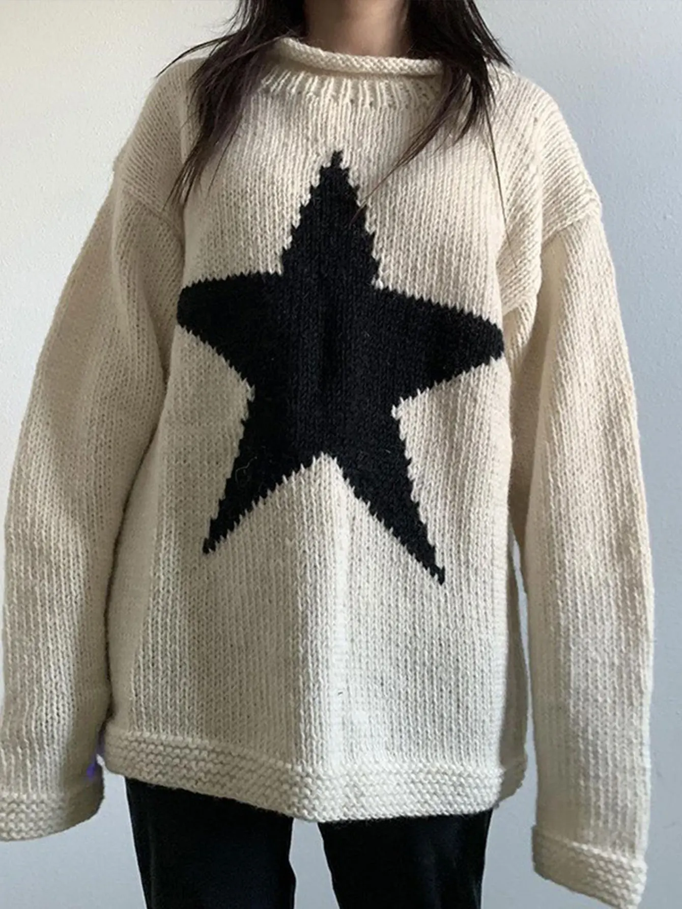 

Женский свитер с длинным рукавом и круглым вырезом, простой однотонный повседневный свободный крой, дизайн с рисунком каракулей, осенне-зимняя мода, хит продаж, милый