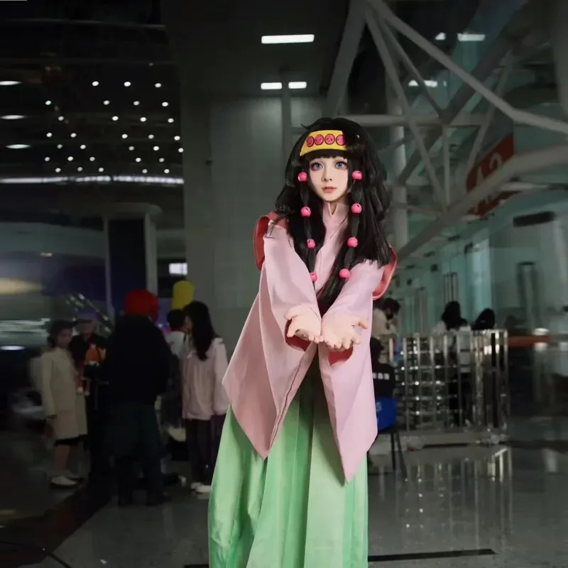 

Anime Alluka Zoldyck Cosplay Costume Aruka Zorudikku Pink Green Japanese Kimono Wigs Headwear Halloween Party Vew;3'f,6;t.8'